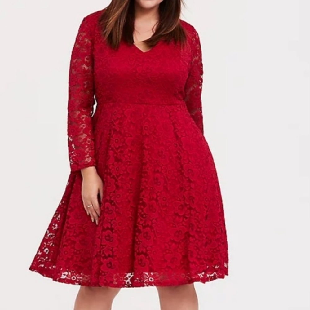 Torrid Red Lace V-Neck Skater Dress with pockets